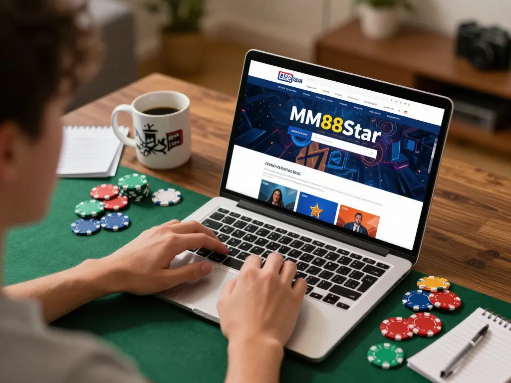 Engaging online gaming experience at MM88Star with colorful poker chips at home.