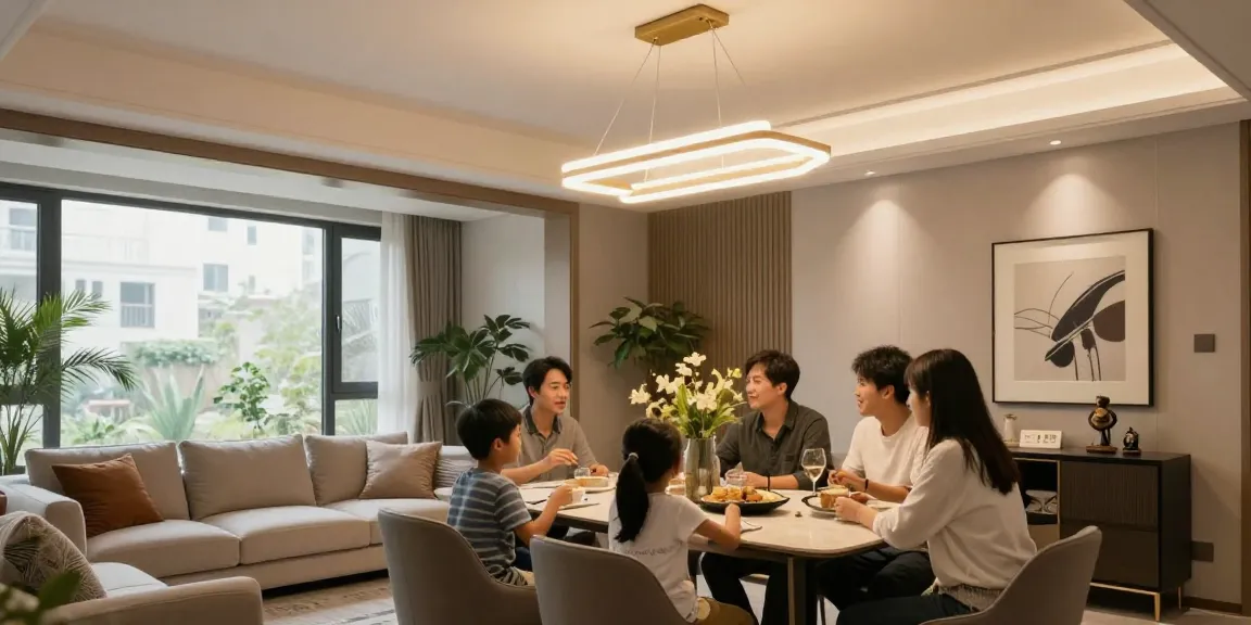 Iluminat elegant cu candelabru LED în sufragerie, familie socializând.