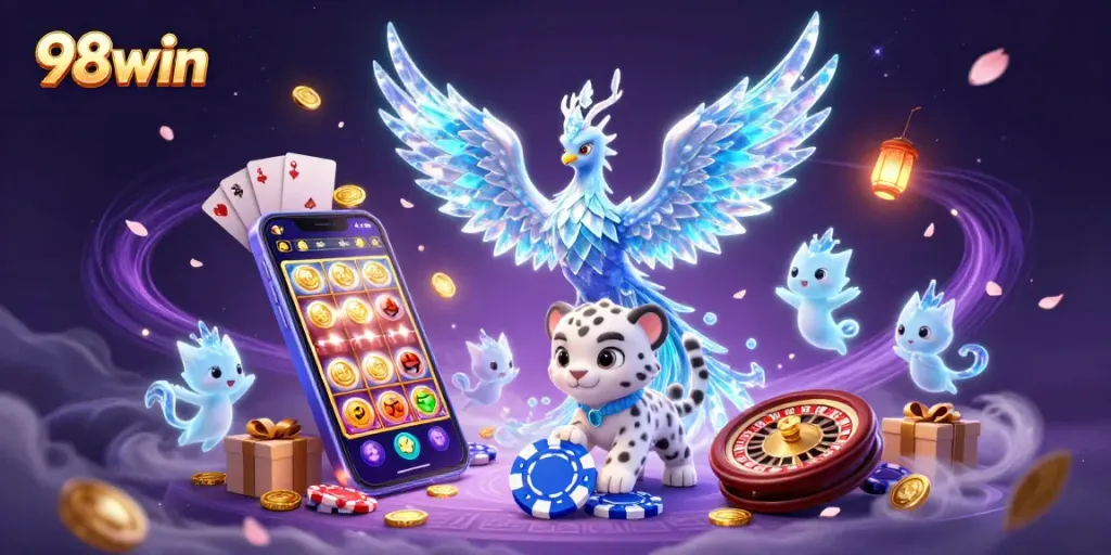 Experience thrilling games at 98win with mystical casino characters and vibrant gaming elements.