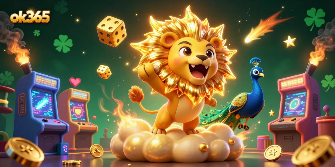 Spin into action with ok365's vibrant casino experience featuring a roaring sun lion and colorful game elements.