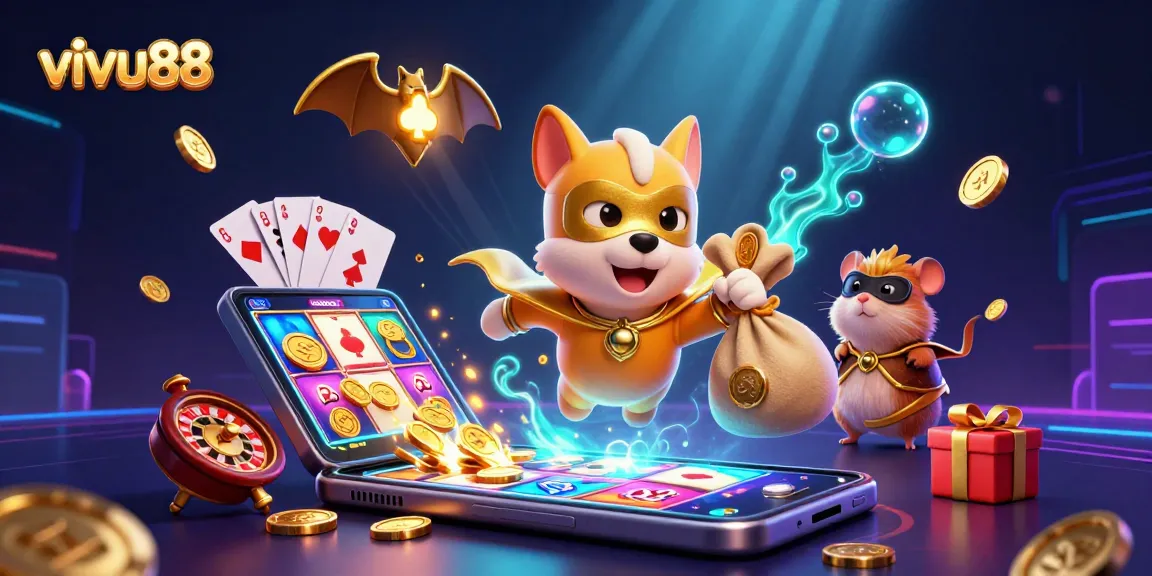 Experience thrilling gameplay at vivu88, where a superhero dog and hamster explore exciting casino adventures.