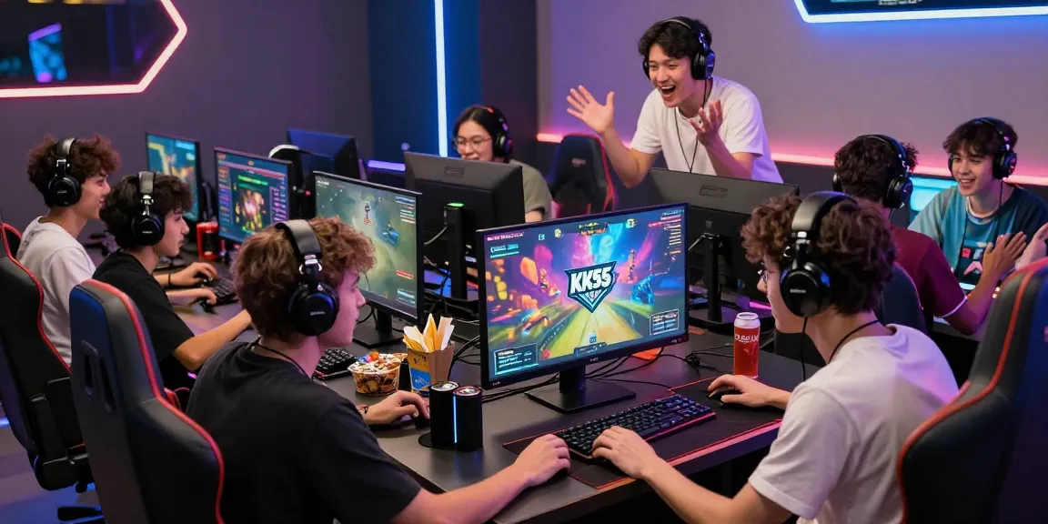 Exciting gaming environment with players engaged in KK55 online games, showcasing vibrant screens and social interaction.