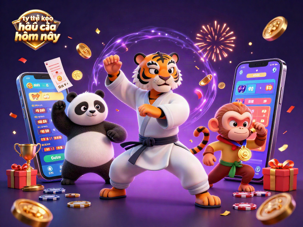Experience the excitement of tỷ lệ kèo nhà cái hôm nay with dynamic sports betting and festive design elements featuring a kung fu tiger master.