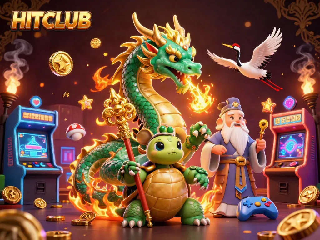 Experience excitement at HITCLUB with a vibrant 3D casino scene filled with dynamic gaming elements and mythical creatures.