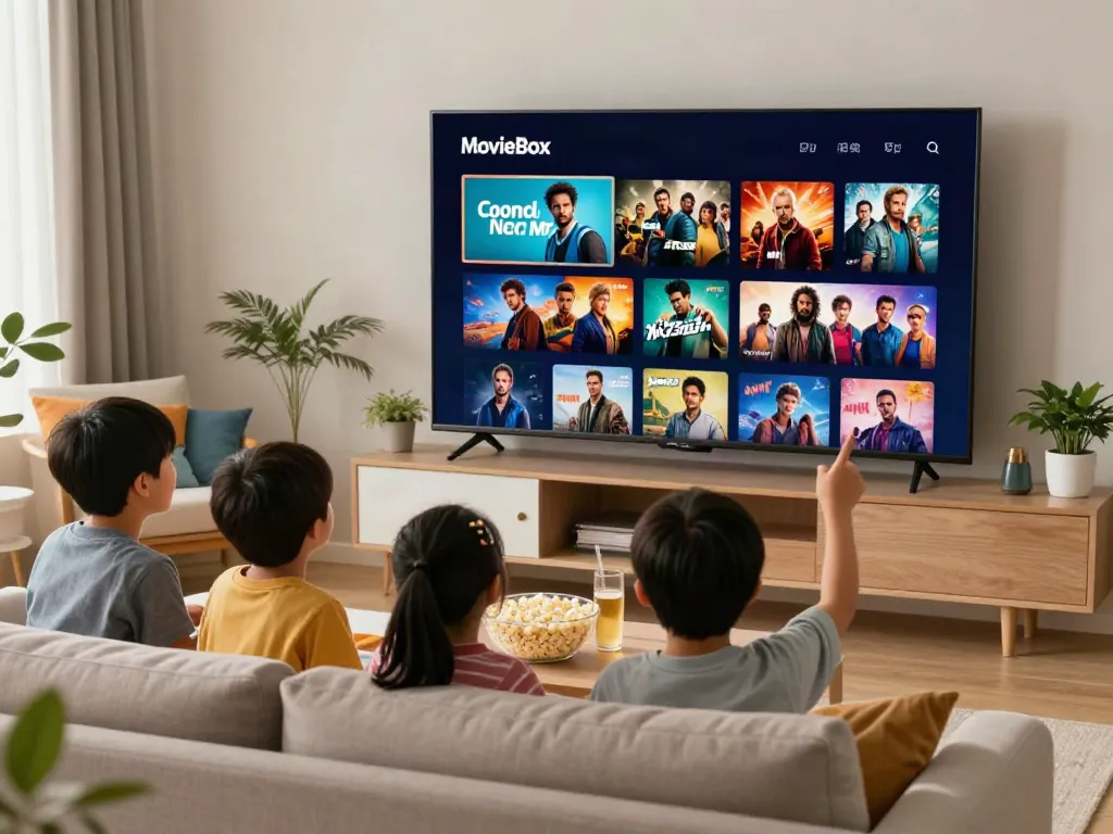 Family enjoying movie box download in a cozy living room with a smart TV.