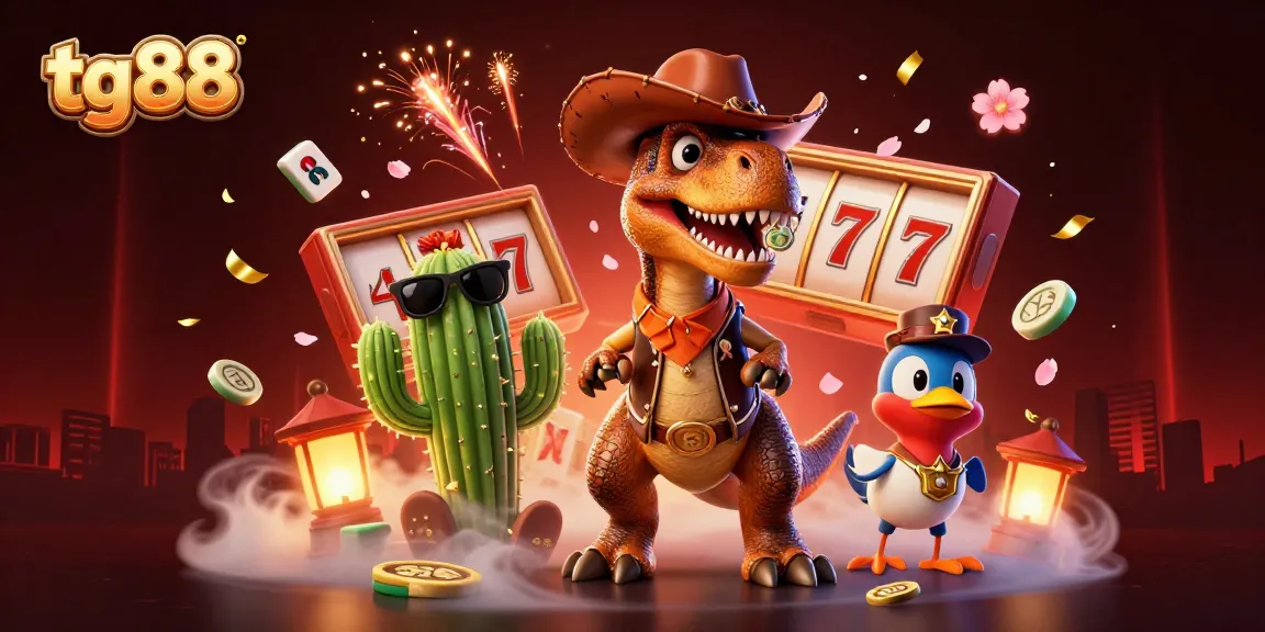 Engage with tg88 in a dynamic 3D casino scene filled with vibrant elements and lucky symbols.