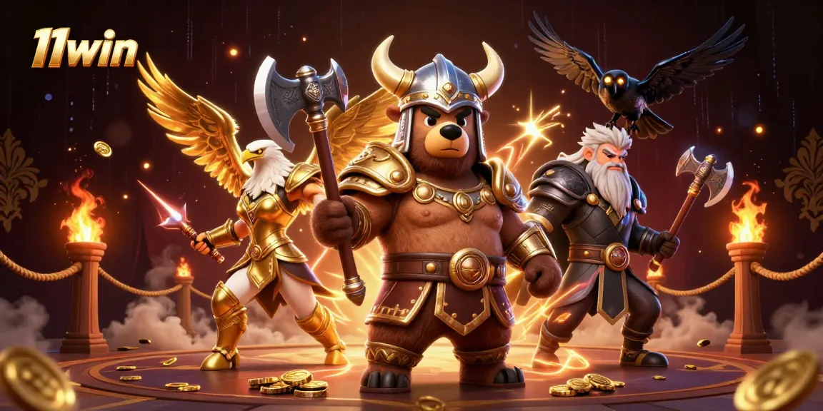 Experience thrilling action at 11win, where Viking warriors and golden eagles battle amidst casino excitement.