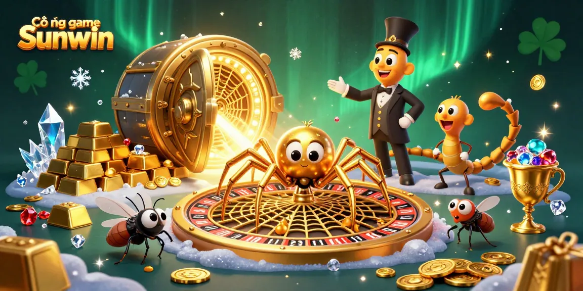 Cổng game Sunwin showcases a vibrant 3D casino scene with a golden spider, roulette wheel, and treasure elements.