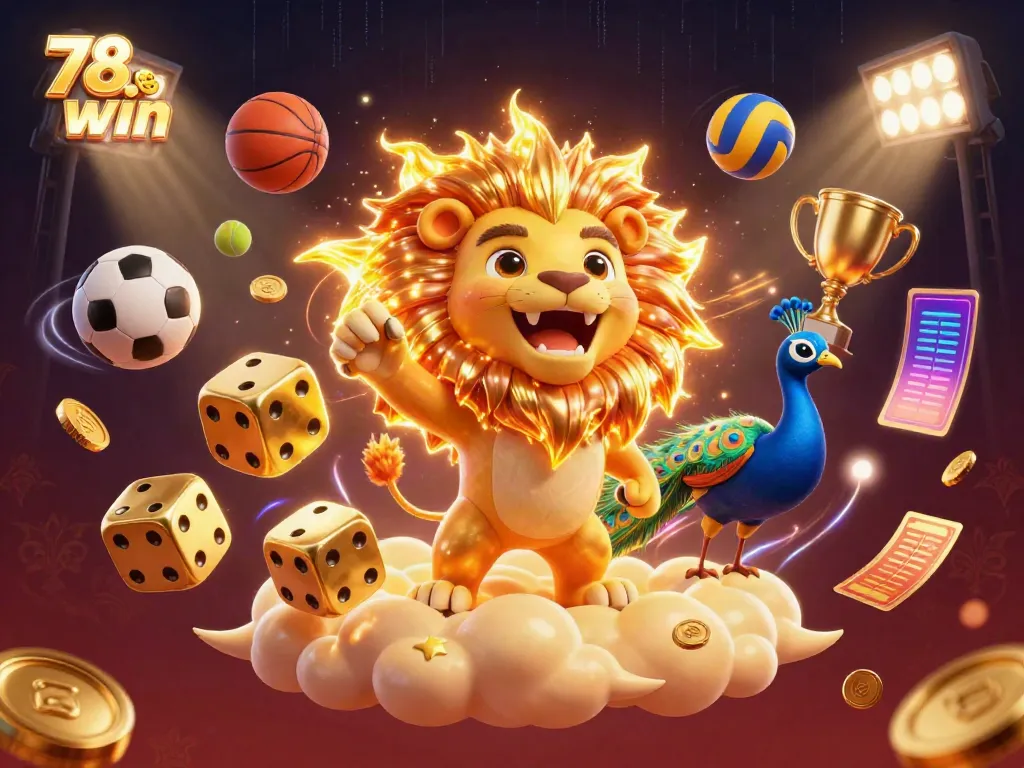 Engage in thrilling gameplay with 78 win, showcasing a majestic lion amidst dynamic casino elements.