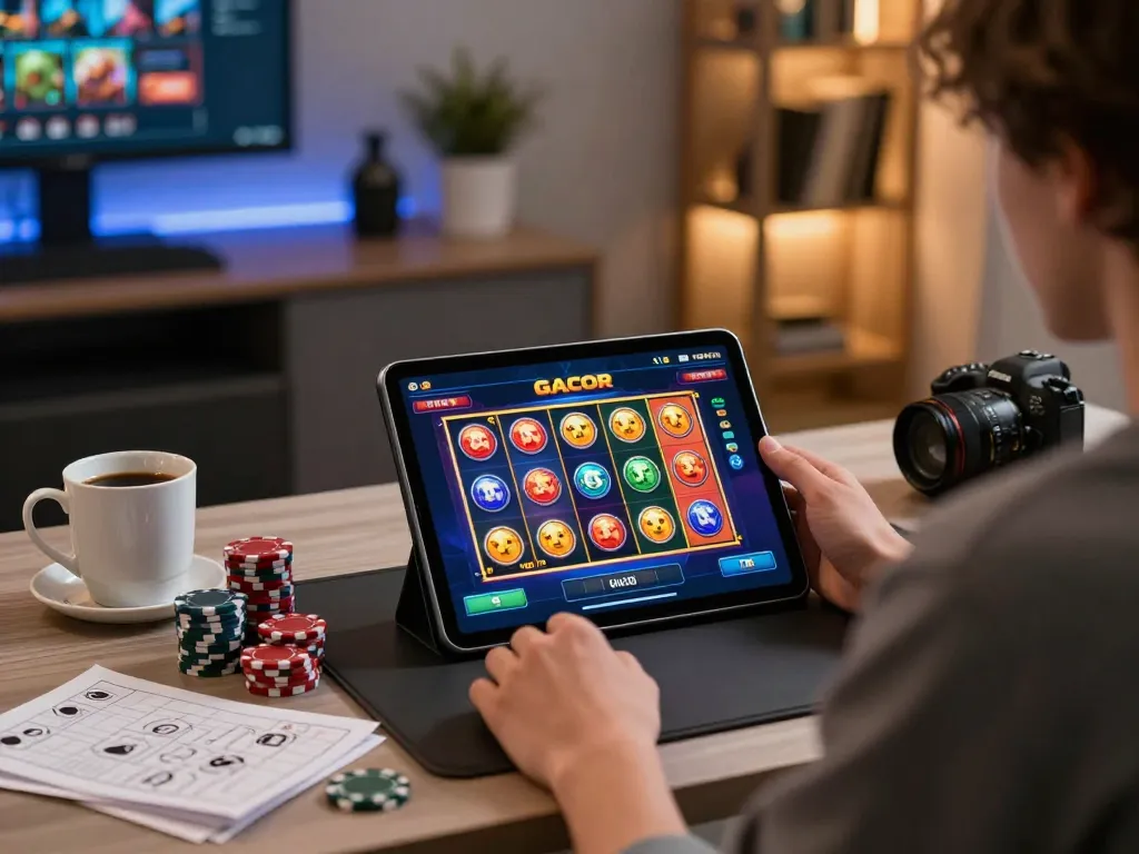 Experience slot gacor gameplay on a tablet in a stylish home gaming setup with chips and strategy notes.