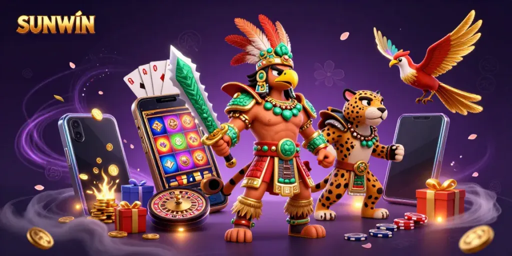 SUNWIN displays vibrant gaming excitement with Aztec warriors and colorful slots