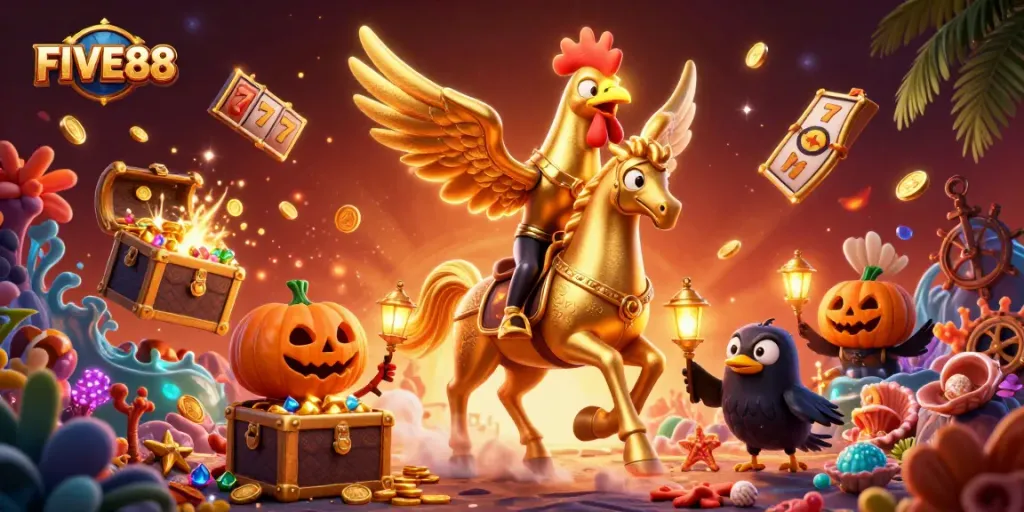 Experience thrilling gambling action at FIVE88 with vibrant casino elements and adventurous characters.