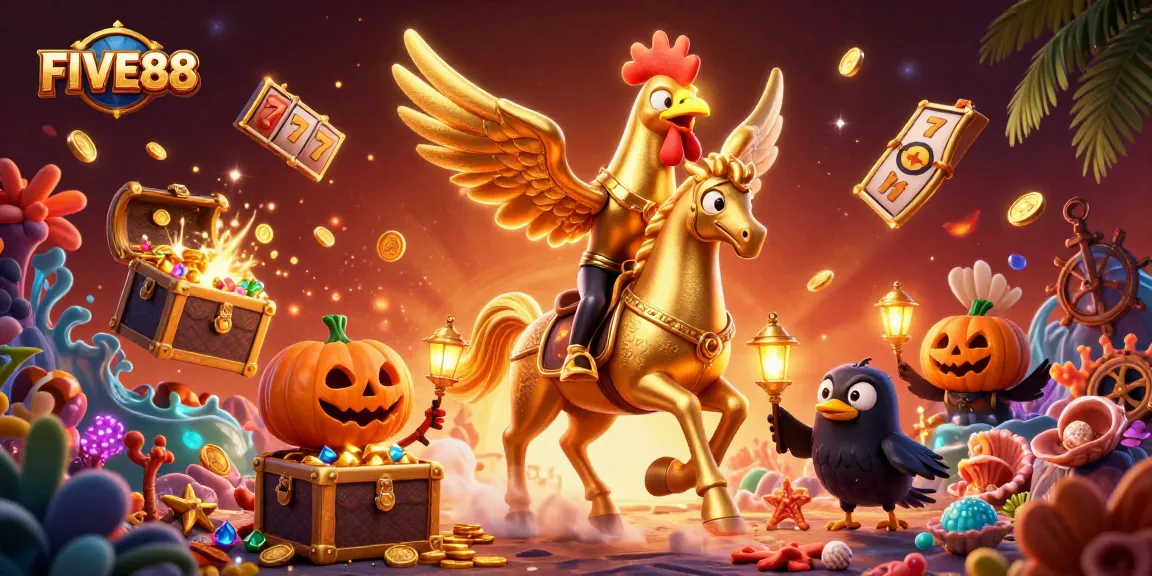 Experience thrilling gambling action at FIVE88 with vibrant casino elements and adventurous characters.