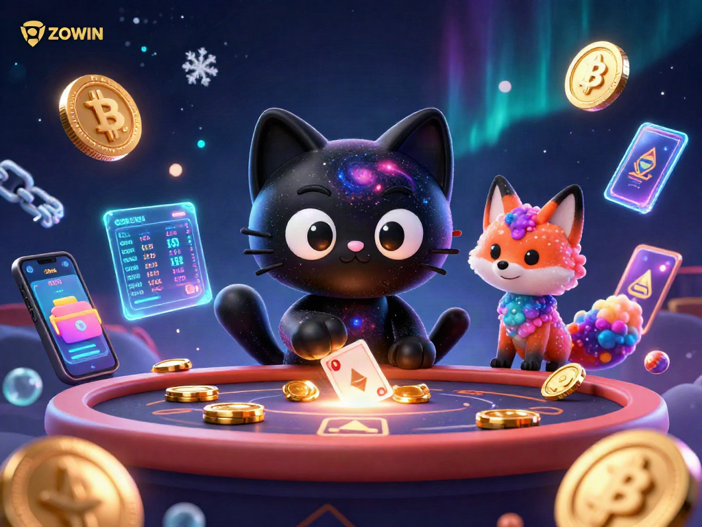 ZOWIN engages players with vibrant cosmic casino action amid glowing cryptocurrency elements.