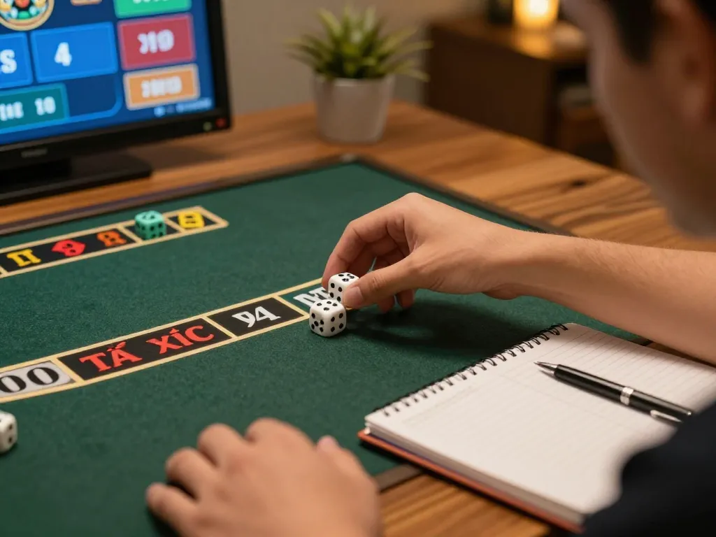 Tài xỉu online gameplay, a player rolls dice in a dynamic home setting.