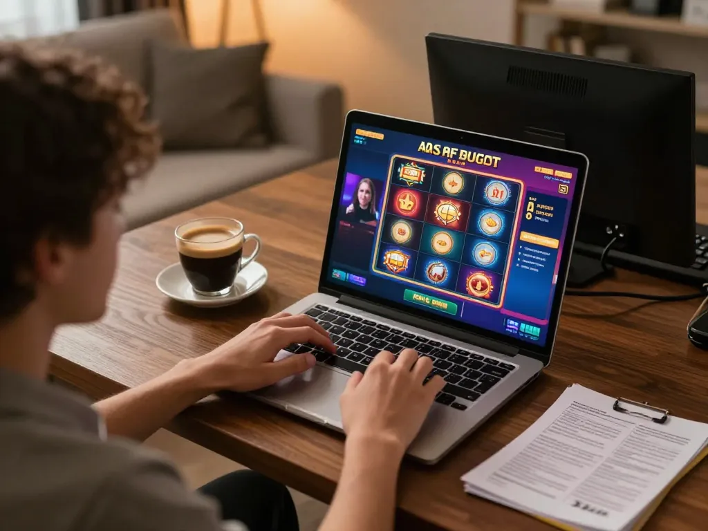 Player enjoying a thrilling session on jus77, with vibrant slot visuals and strategizing notes on the table.