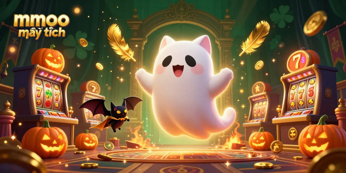 Experience mmoo mới nhất with a vibrant illustration of a ghost cat in a haunted casino scene full of exciting game elements.