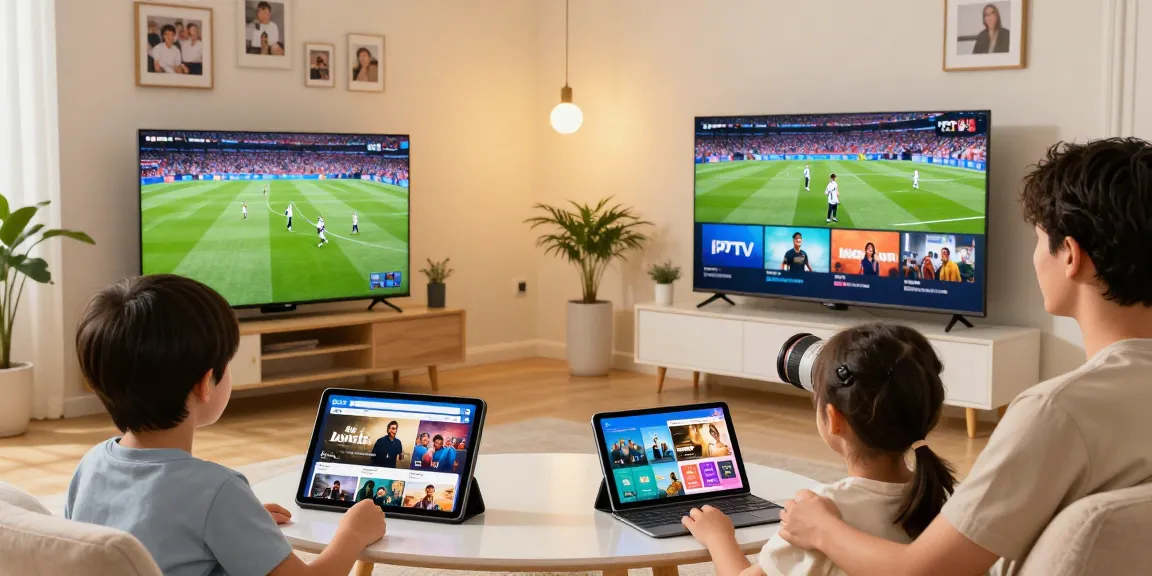 Family experience of watching IPTV multi ecrans together on multiple devices in a vibrant living room.