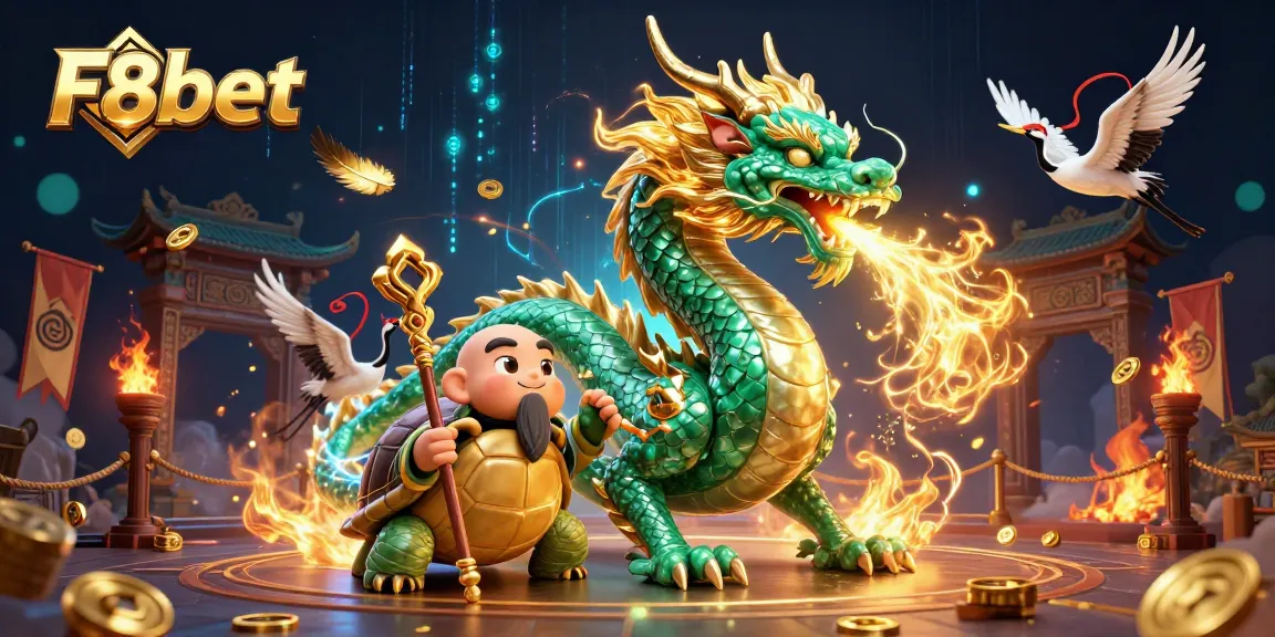 Engage with F8bet’s vibrant fantasy scene featuring a jade dragon, wise turtle, and lucky cranes amid dynamic casino elements.