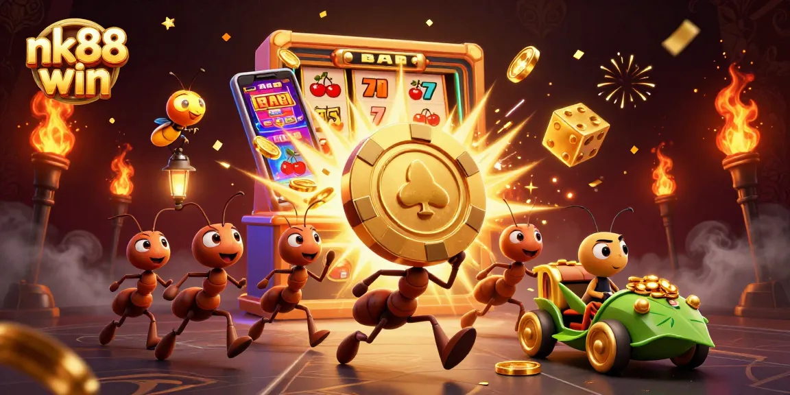 Experience nk88 win with lively ants heisting a giant poker chip amidst casino excitement.