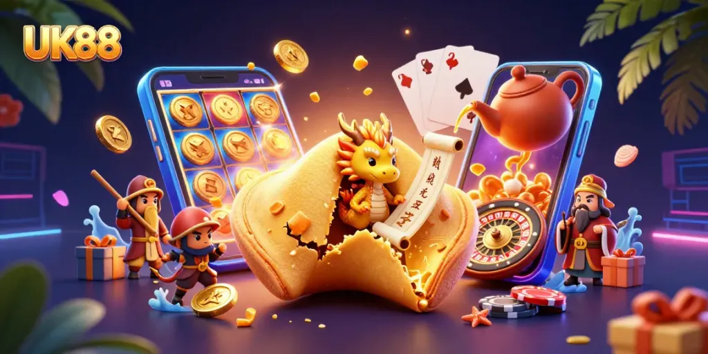 Play exciting games at UK88 with a vibrant 3D illustration of fortune cookies and slot machines.