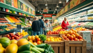 Engaging grocery sales scene highlighting fresh products and vibrant market atmosphere.