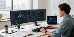 快连 network optimization software showcased in a vibrant tech workspace with coding interfaces and collaborative tools.
