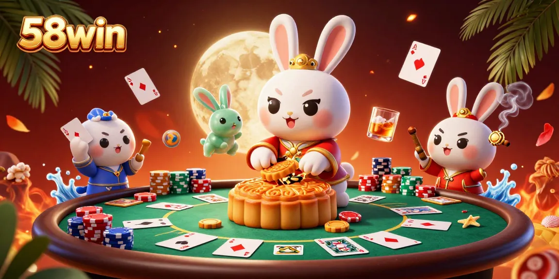 Experience the vibrant world of 58win with a dynamic 3D scene featuring poker themes and traditional elements.