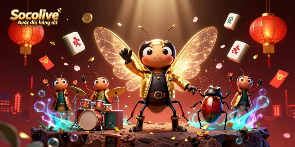 Socolive trực tiếp bóng đá brings excitement with energetic characters and festive gambling symbols in a vibrant illustration