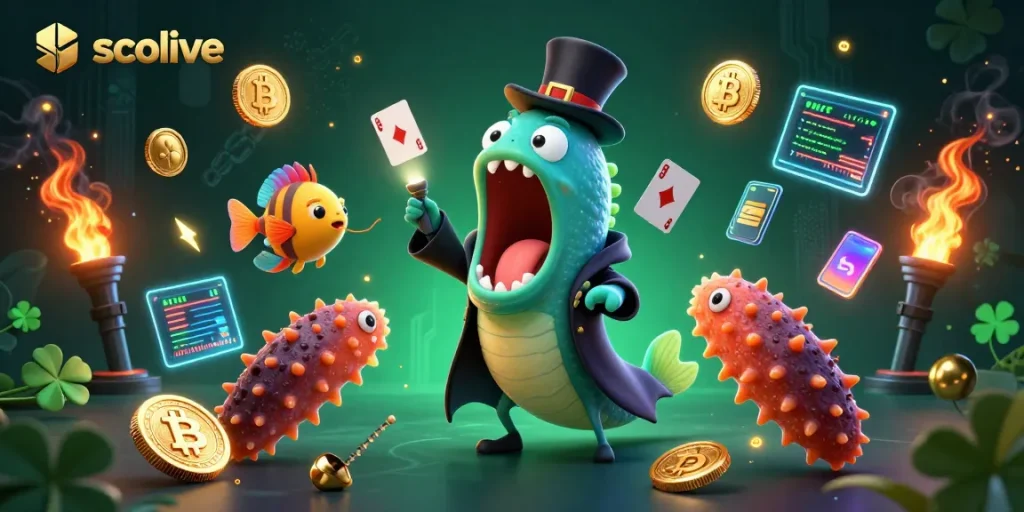Socolive features a bioluminescent eel magician performing tricks among crypto coins and dazzling effects.