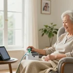 Senior using a portable oxygen tank comfortably seated in a bright living room.