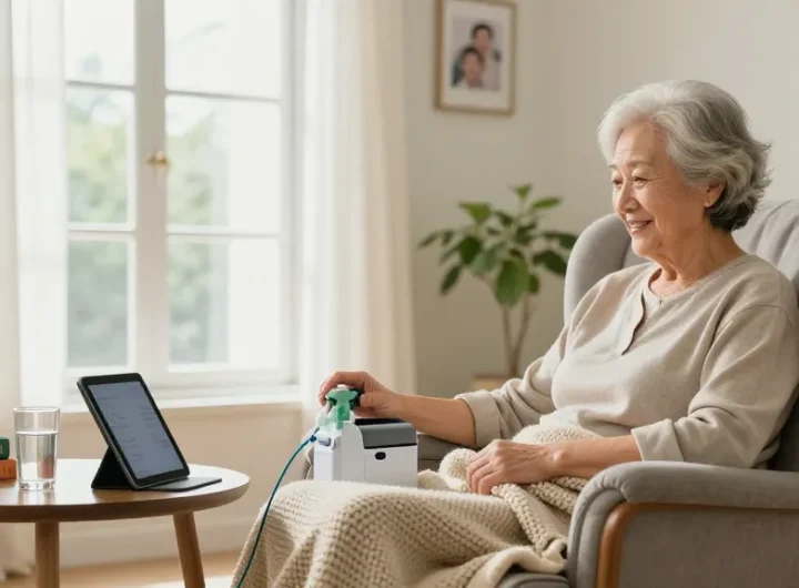 Senior using a portable oxygen tank comfortably seated in a bright living room.