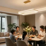 Iluminat elegant cu candelabru LED în sufragerie, familie socializând.