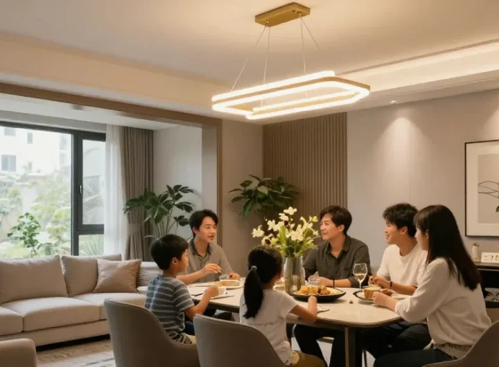 Iluminat elegant cu candelabru LED în sufragerie, familie socializând.