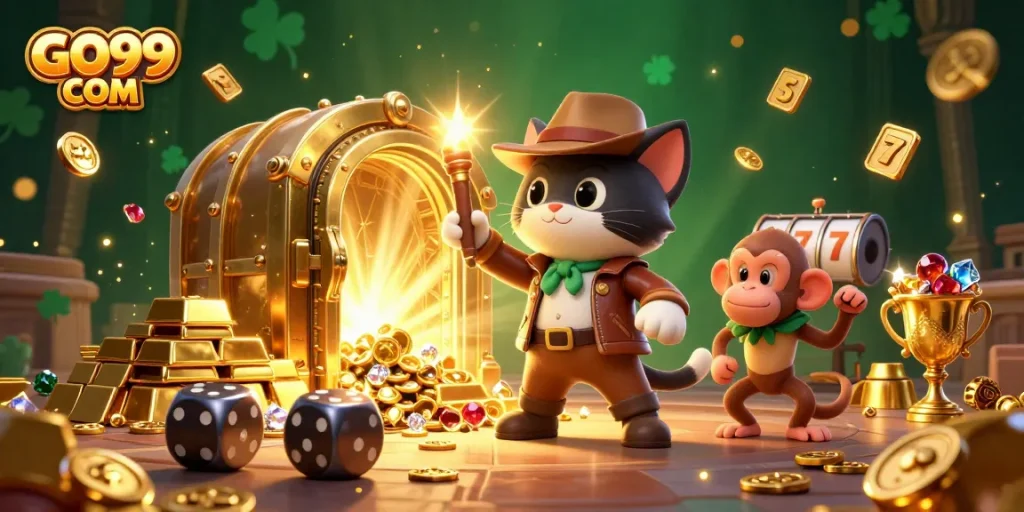 Experience thrilling casino adventures with GO99 COM in this vibrant 3D illustration.